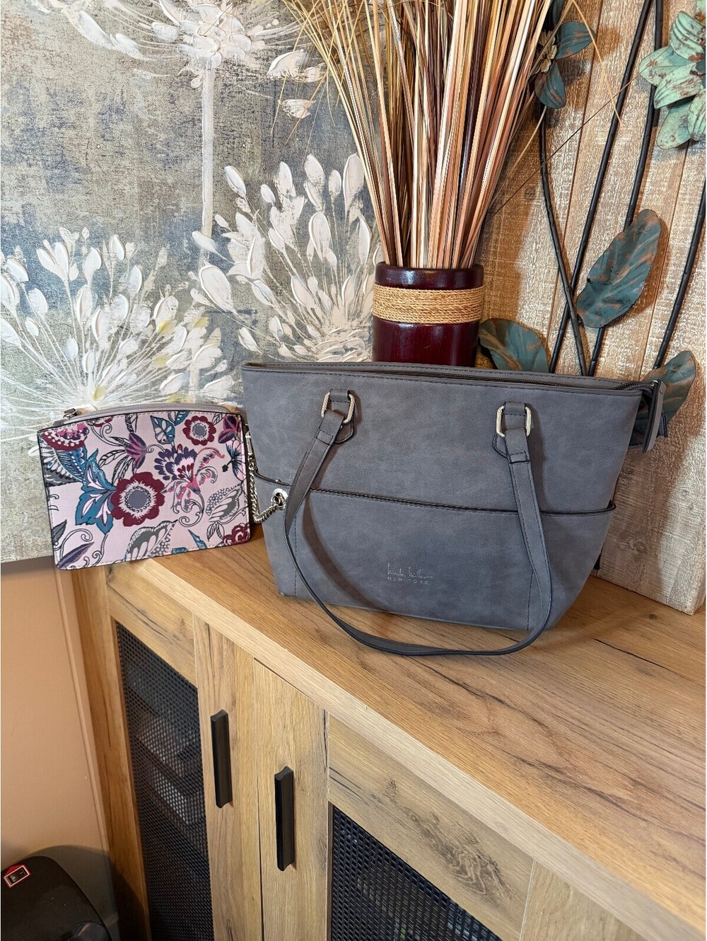 Nicole Miller NY Gray Faux Leather Tote Bag Floral Wristlet